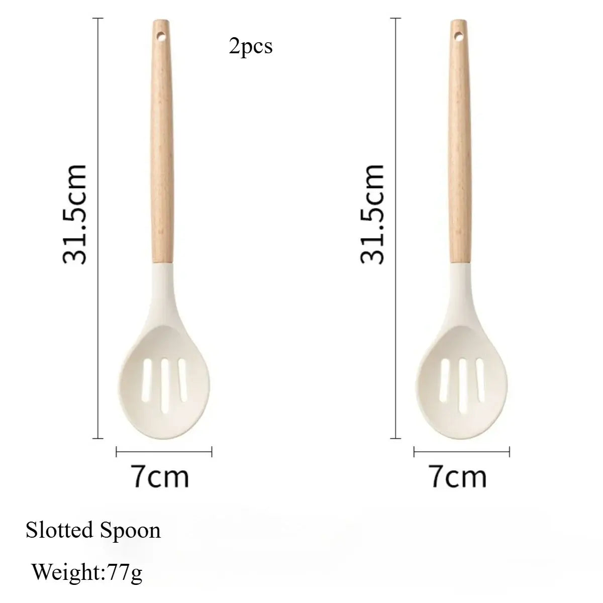 Pair of off-white silicone slotted spoons with light wood handles for easy food draining in kitchen utensils set