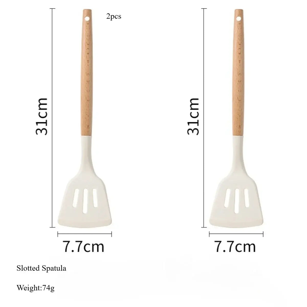 Pair of white silicone slotted spatulas with wooden handles 31cm long and 74g in a kitchen utensils set