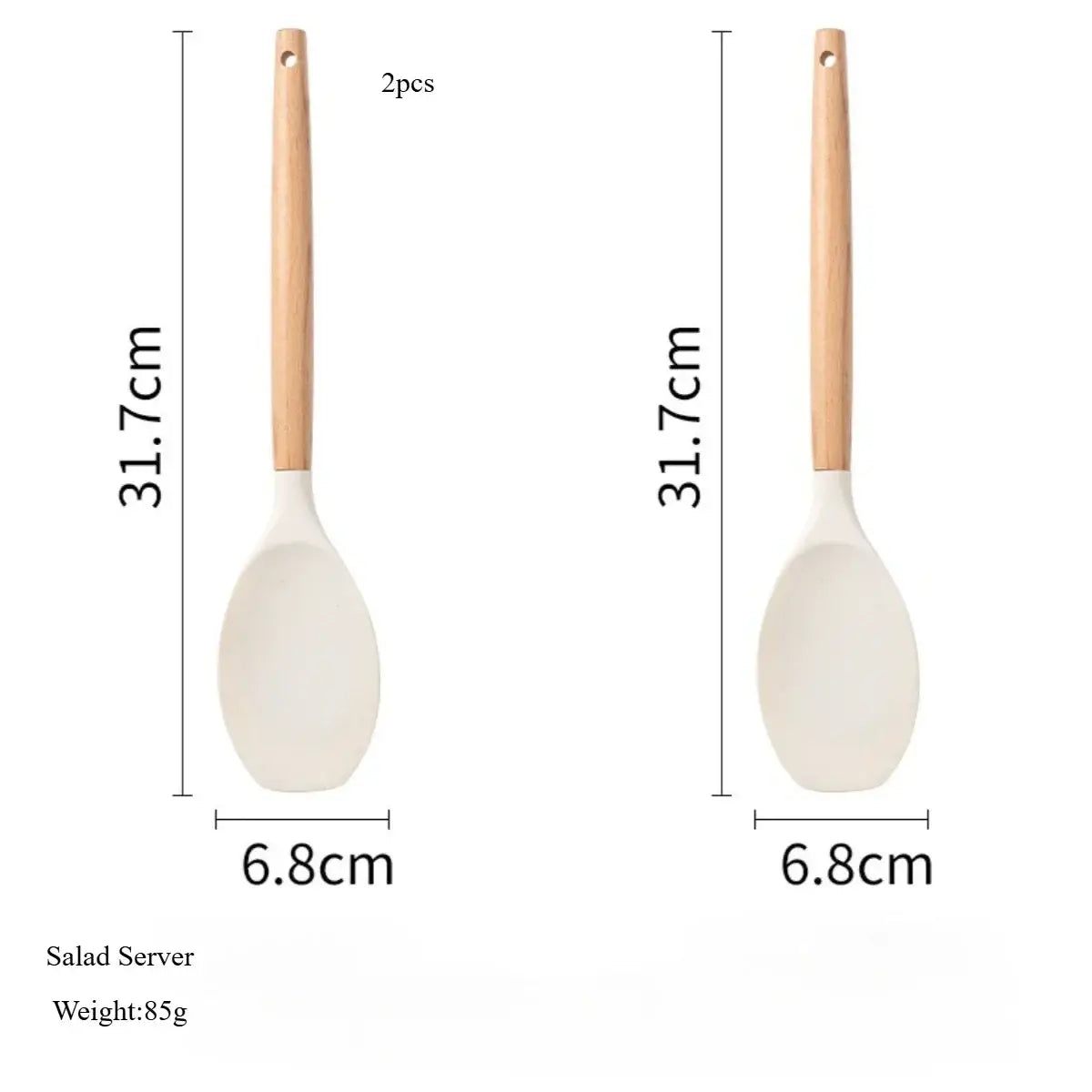 Pair of white silicone salad servers with light wooden handles 31.7cm long designed for easy kitchen handling