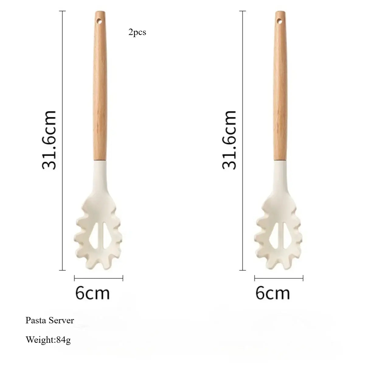 White silicone pasta server with wooden handle and ornate leaf-shaped design from kitchen utensils set
