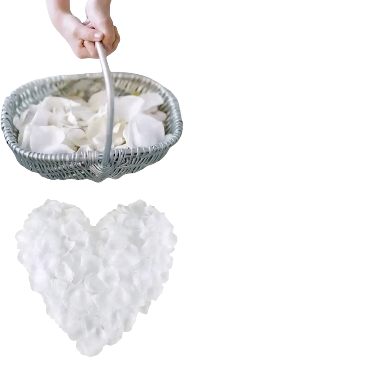 White silk rose petals arranged in a heart shape for weddings and parties showcasing soft fabric texture