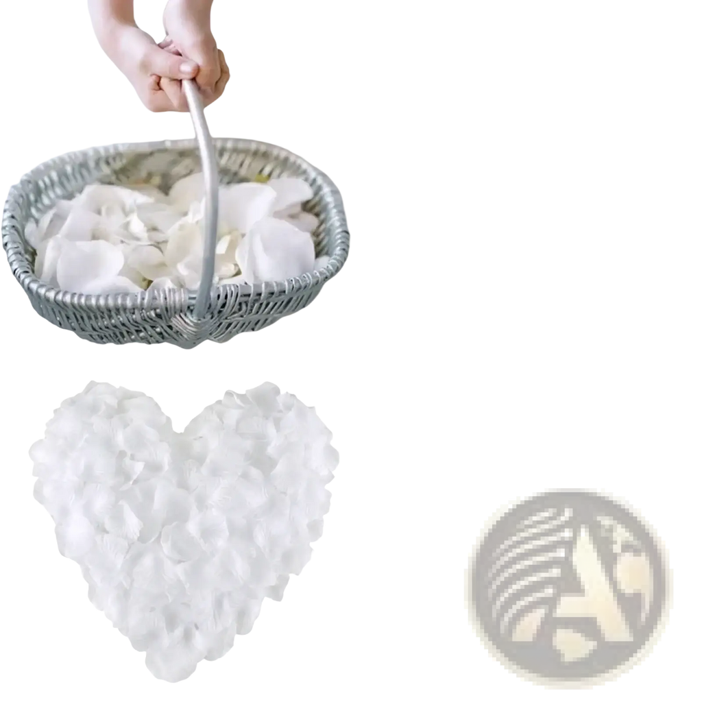 White silk rose petals arranged in a heart shape for weddings and parties showcasing soft fabric texture