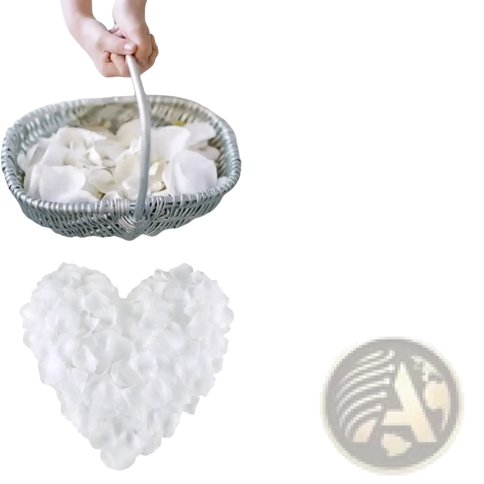 White silk rose petals arranged in a heart shape for weddings and parties showcasing soft fabric texture