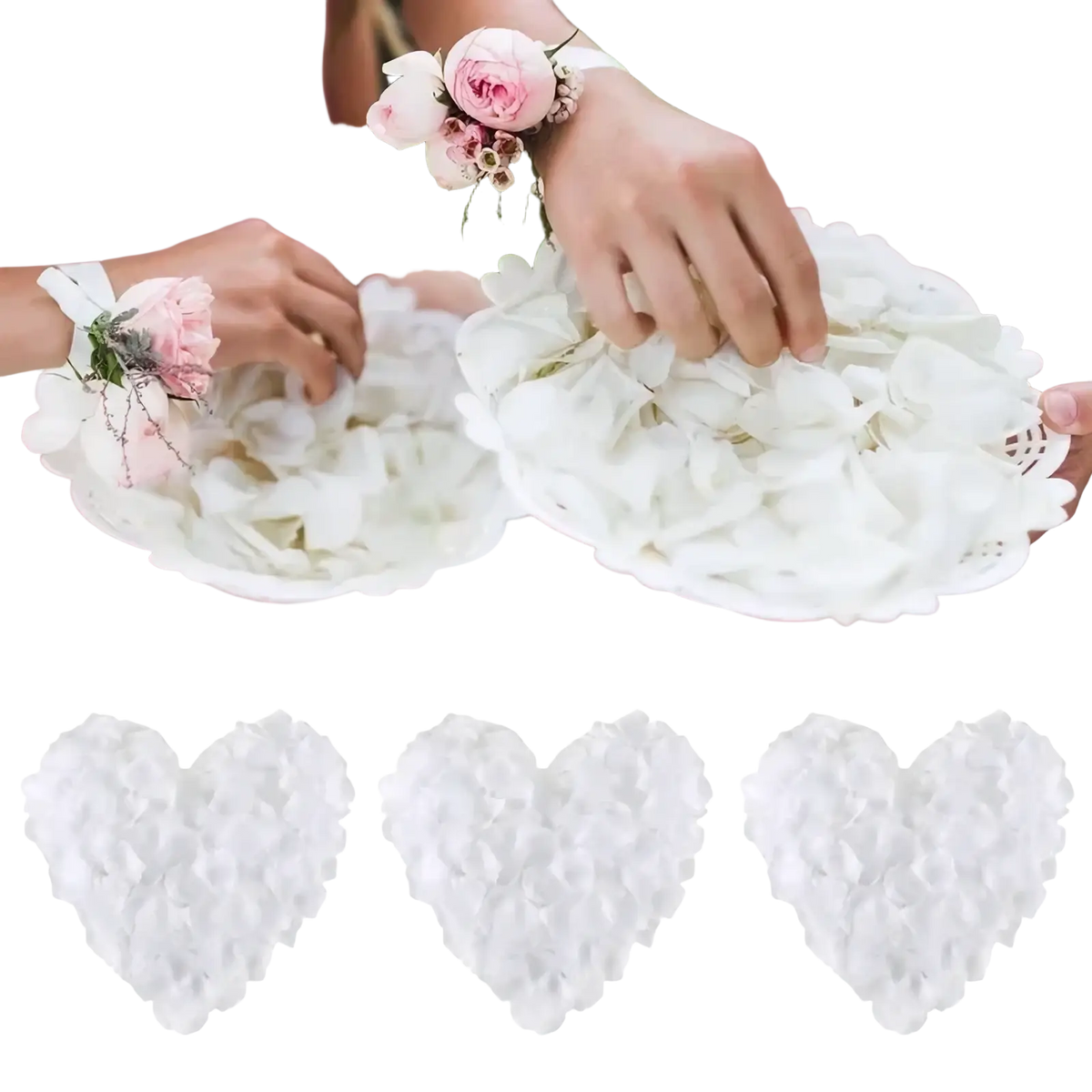 White silk rose petals made of fabric in a heart shape for weddings and parties decoration