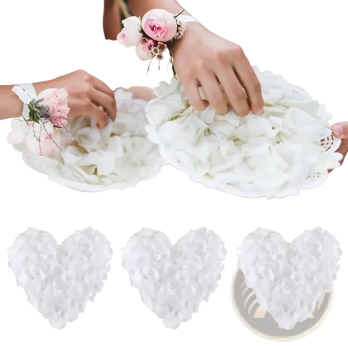 White silk rose petals made of fabric in a heart shape for weddings and parties decoration
