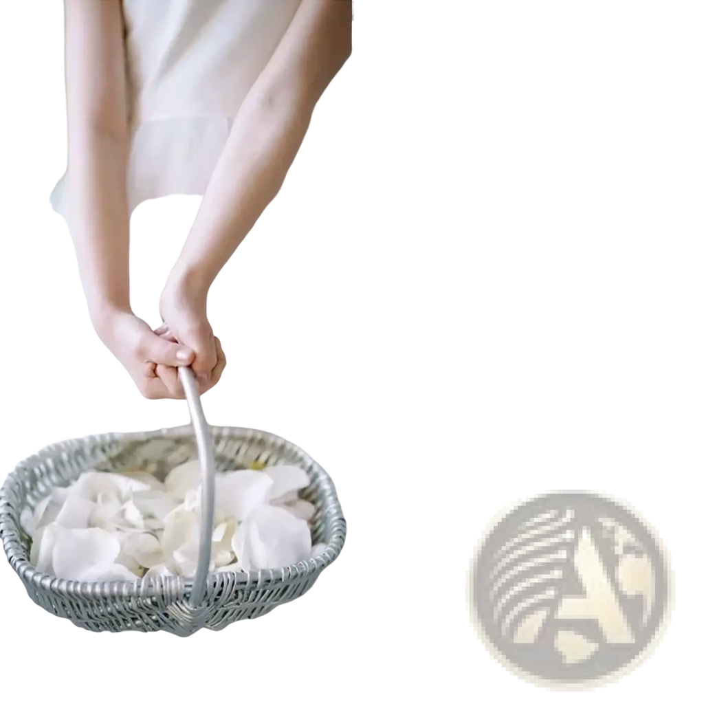 Silver woven basket filled with white silk rose petals for weddings and parties elegant decorative use