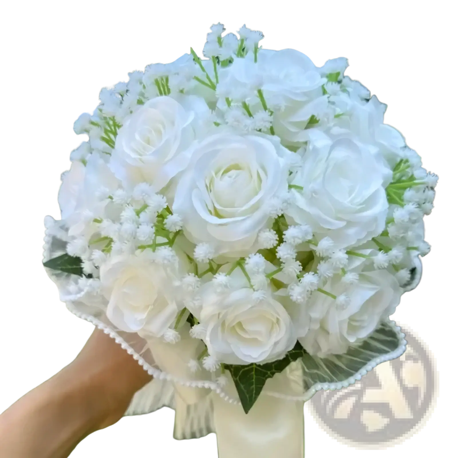 White silk rose wedding bouquet with delicate artificial white roses baby’s breath and lace ribbon bow