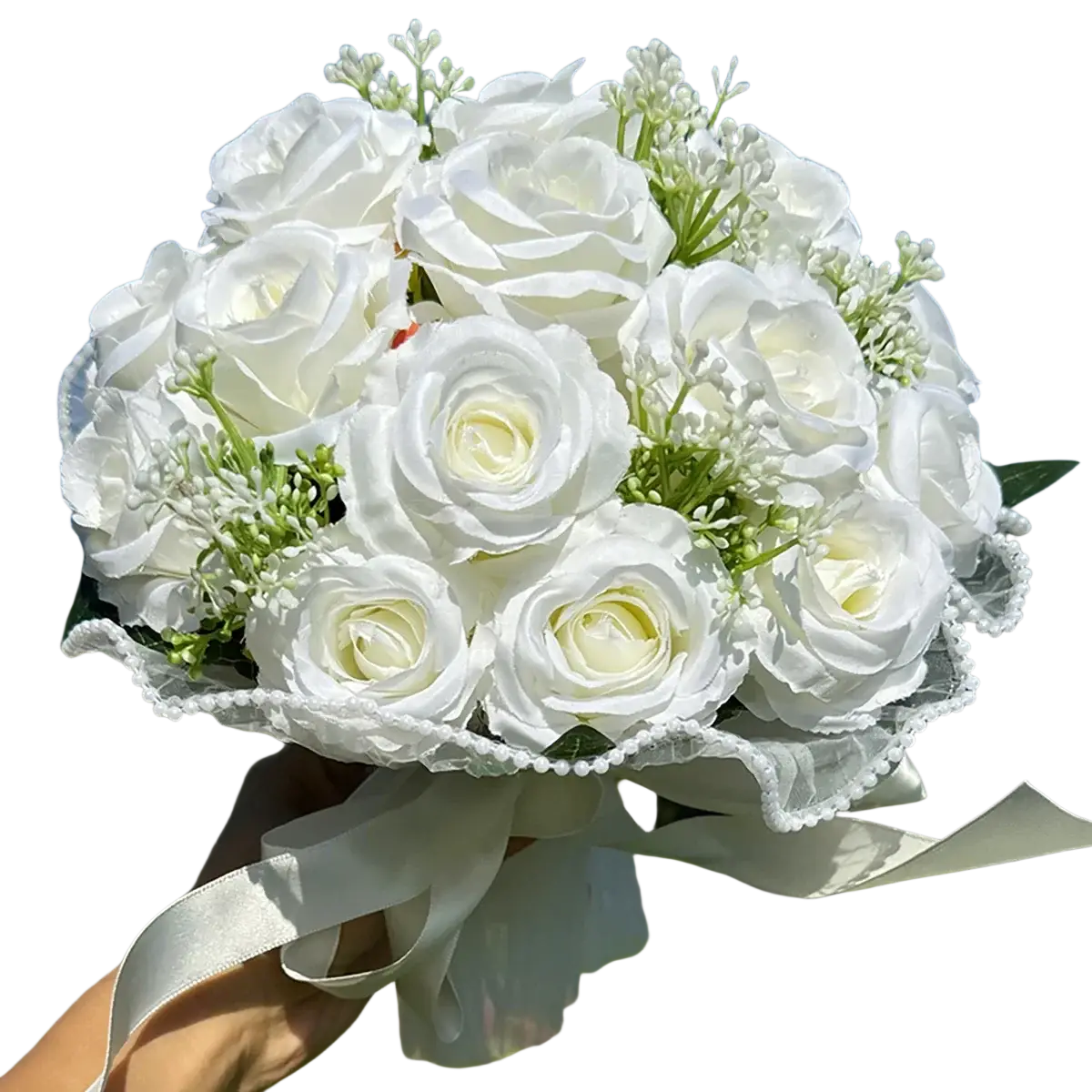 White silk rose wedding bouquet with lace trim satin ribbon and pearls perfect for weddings and special occasions