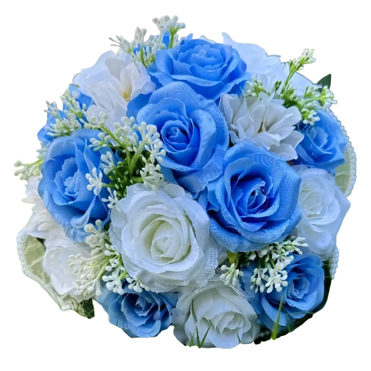 A delicate white silk rose wedding bouquet with artificial blue and white roses accented with green filler flowers