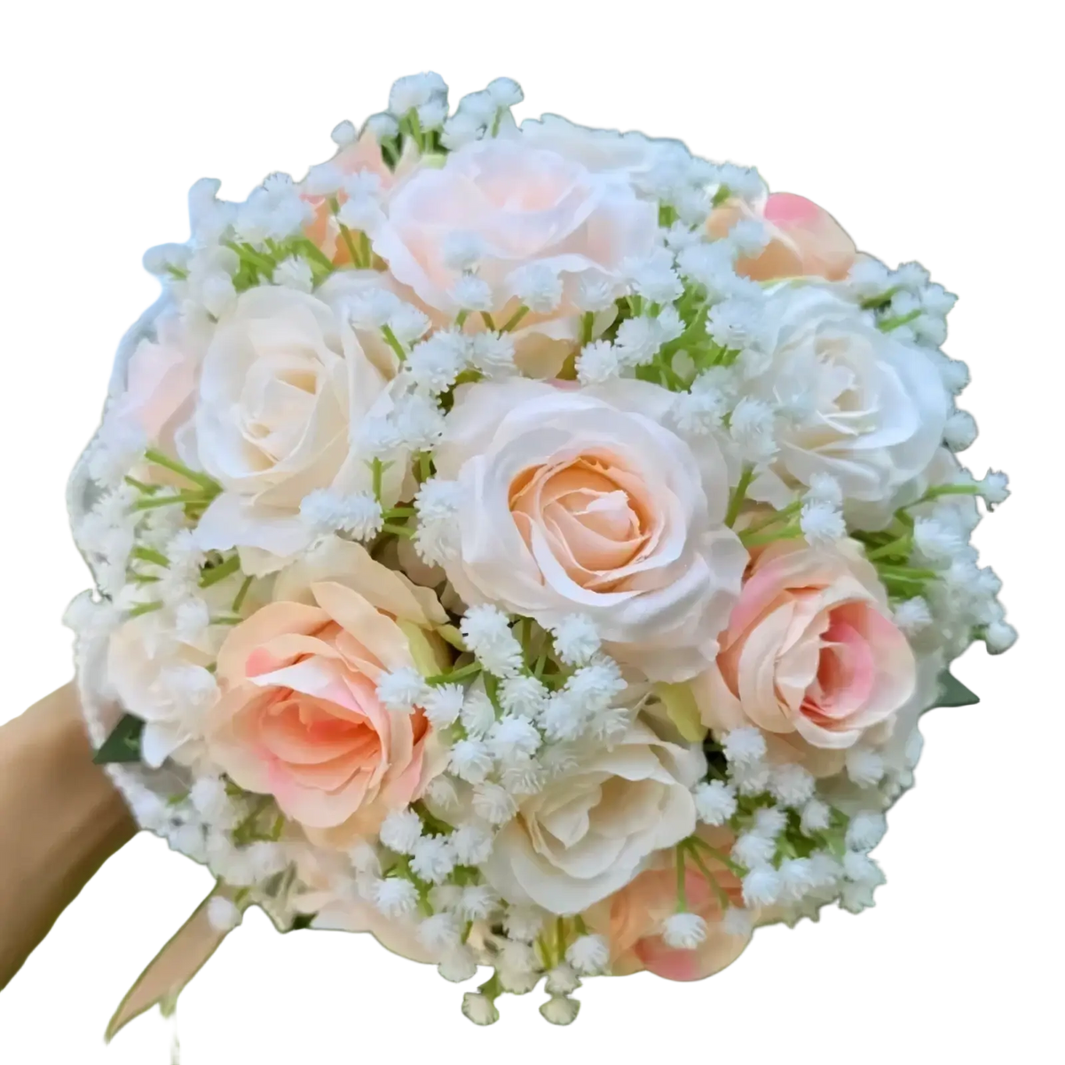 White silk rose wedding bouquet with delicate lace pearls featuring artificial peach cream and white roses and babys breath