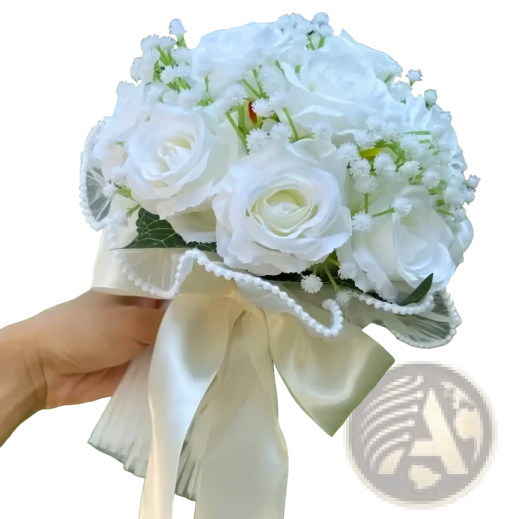 White silk rose wedding bouquet with lace and pearls featuring delicate artificial white roses baby’s breath and cream satin ribbon