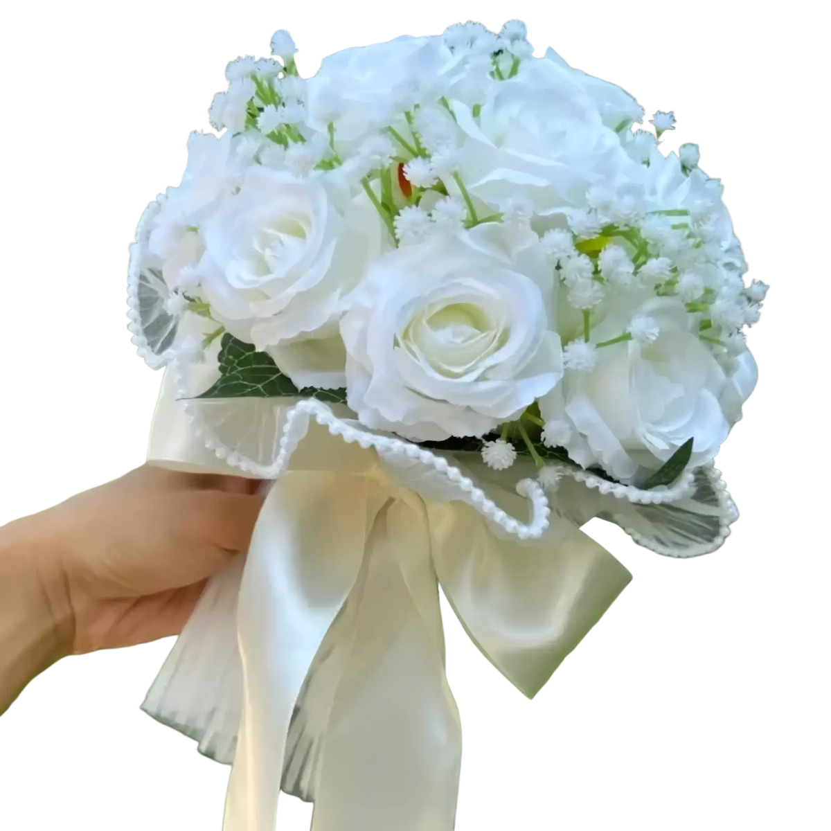 A delicate white silk rose wedding bouquet with lace trim, pearls, babys breath, and a cream satin ribbon