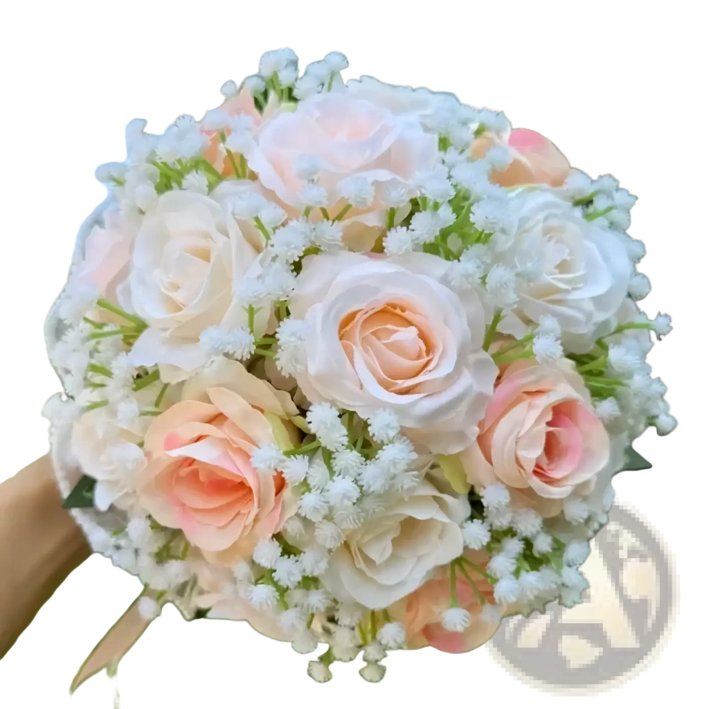 White silk rose wedding bouquet with delicate lace pearls featuring artificial peach cream and white roses and babys breath