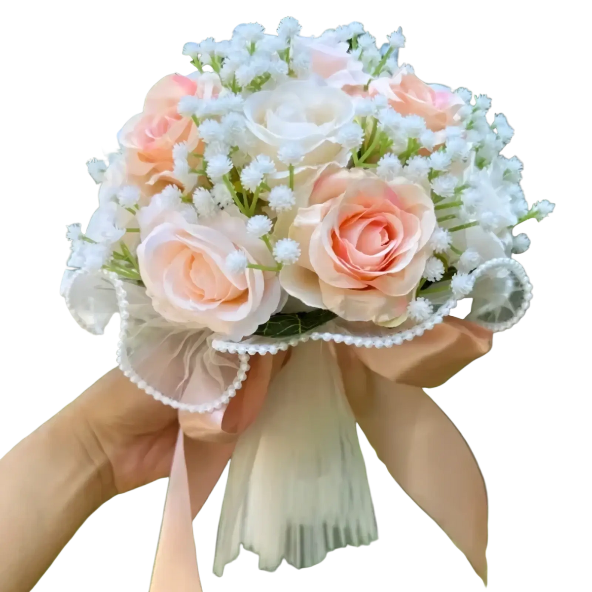 White silk rose wedding bouquet featuring delicate peach and white artificial roses with lace ribbon and pearl trim