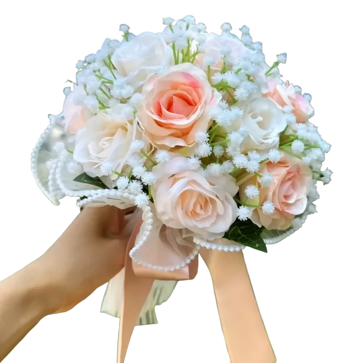 White silk rose wedding bouquet featuring delicate peach and white artificial roses with lace and pearls wrap