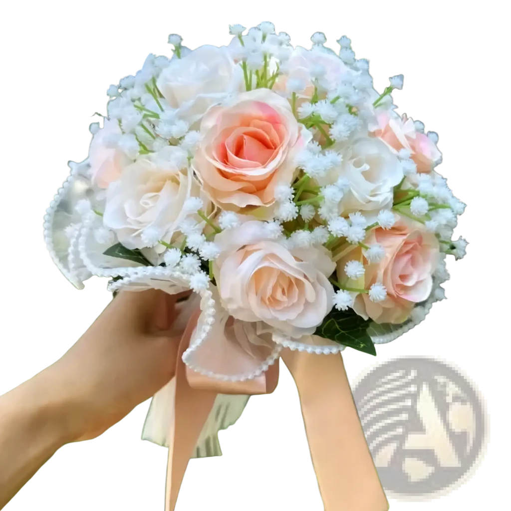 White silk rose wedding bouquet featuring delicate peach and white artificial roses with lace and pearls wrap
