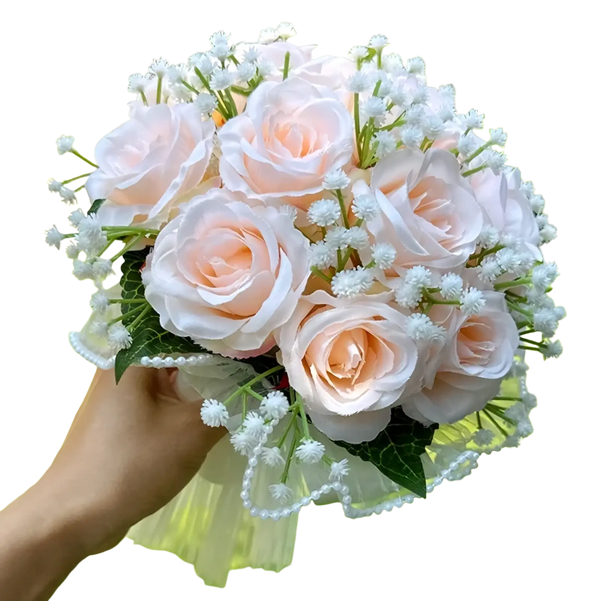 White silk rose wedding bouquet featuring delicate peach artificial roses with baby’s breath and beaded lace ribbon wrapping