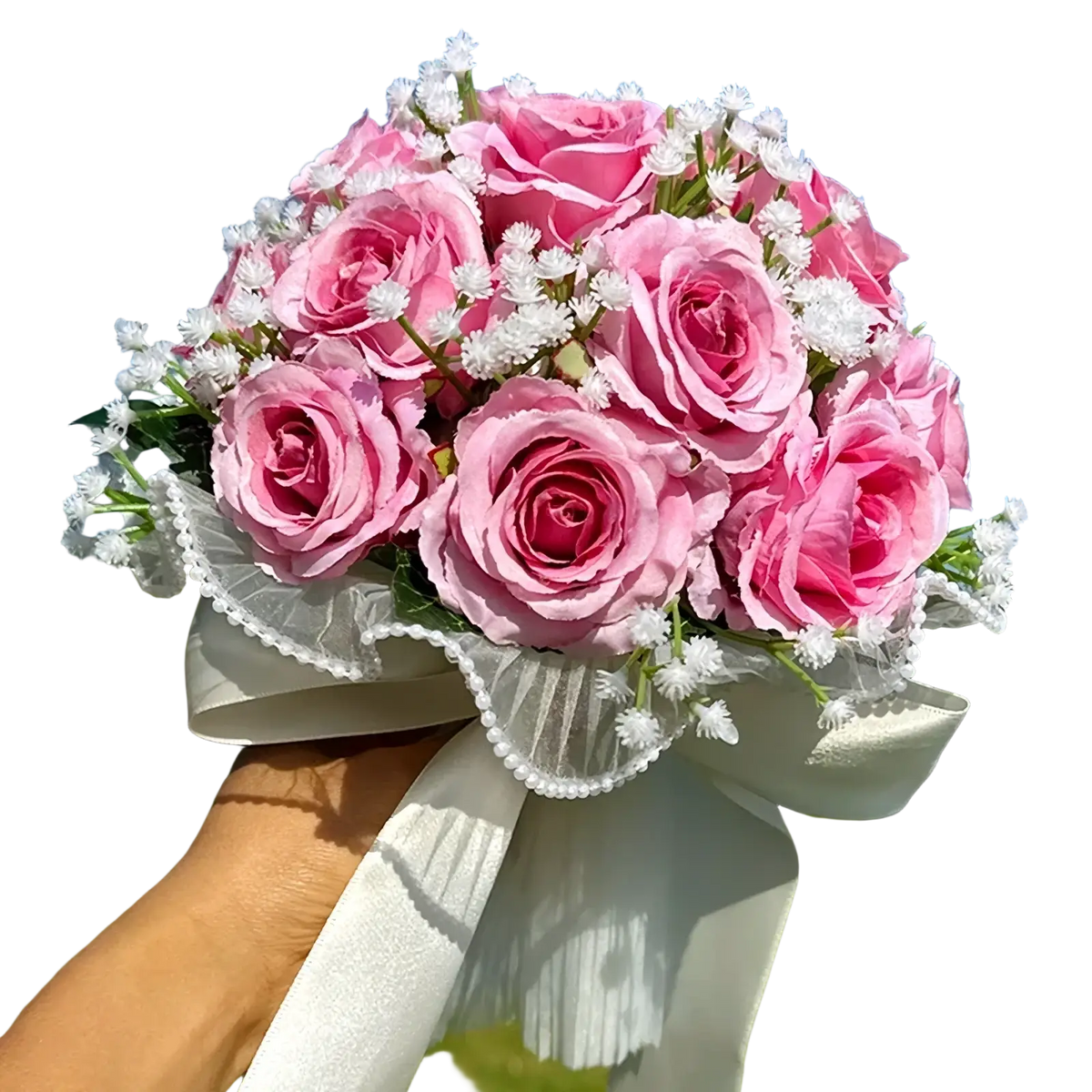 A delicate white silk rose wedding bouquet with pink artificial roses lace trim pearls and white filler flowers