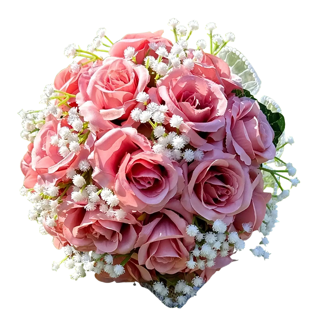 A delicate white silk rose wedding bouquet with soft pink artificial roses lace pearls and white filler flowers