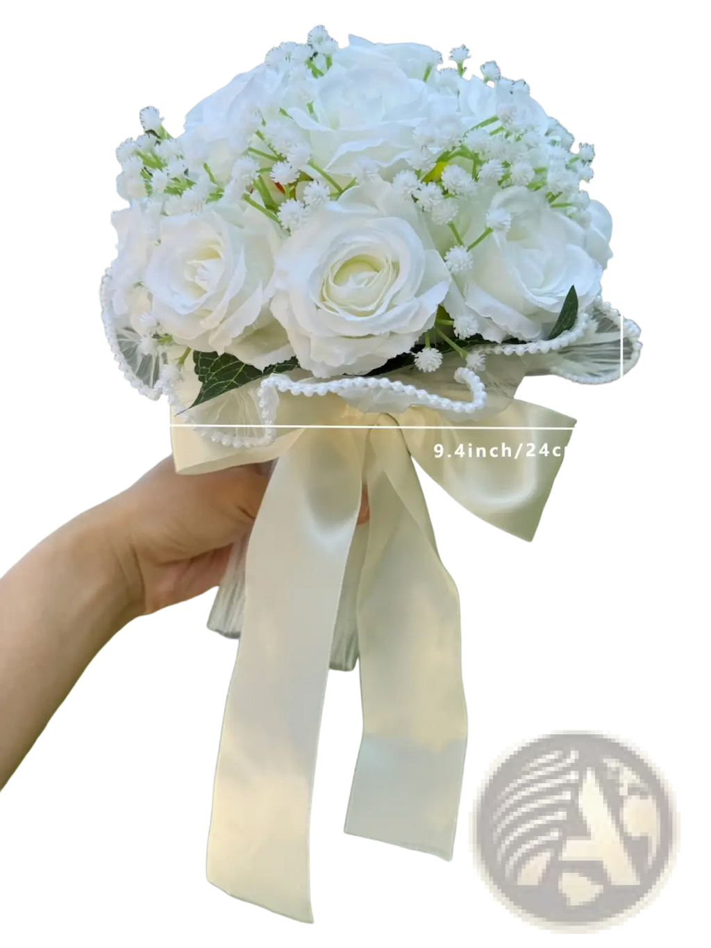 White silk rose wedding bouquet with elegant lace trim and cream satin ribbon bow made of artificial flowers