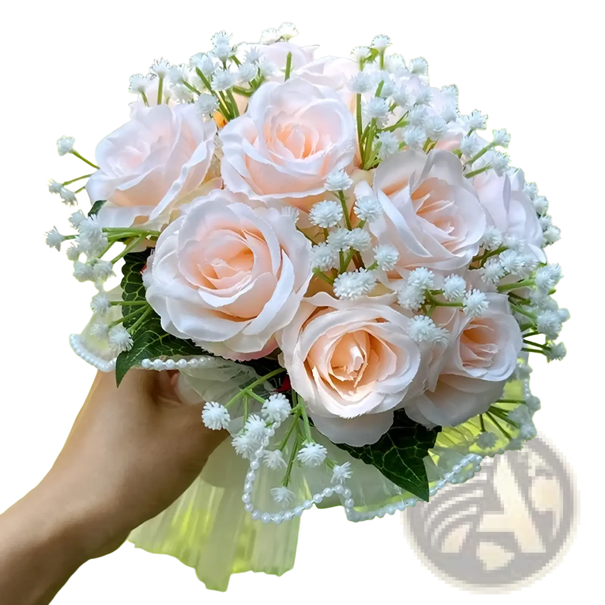 White silk rose wedding bouquet featuring delicate peach artificial roses with baby’s breath and beaded lace ribbon wrapping