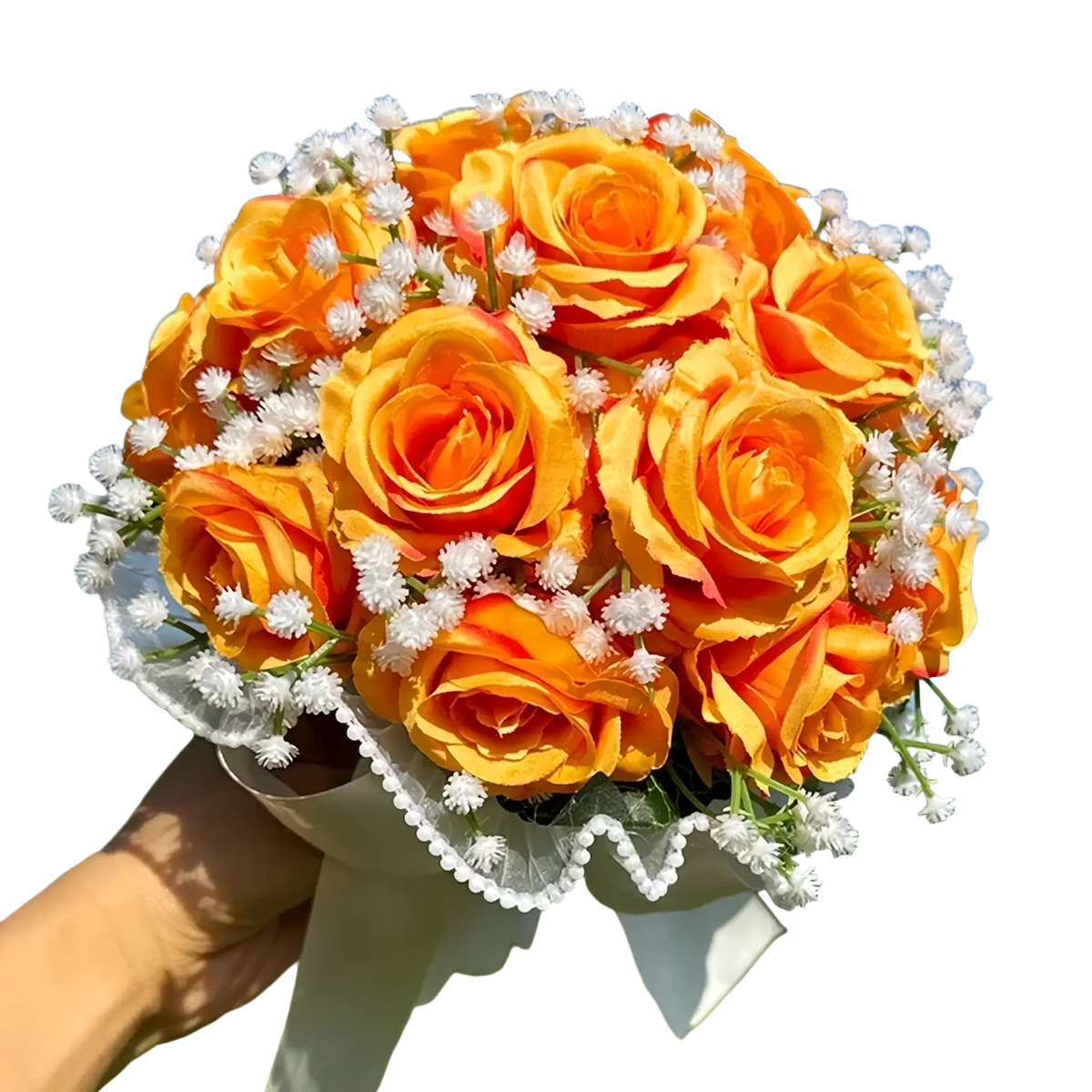 A white silk rose wedding bouquet with vibrant orange artificial roses wrapped in sheer lace ribbon with pearls