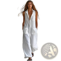 White sleeveless wide-leg jumpsuit in linen with button-up front and two large patch pockets