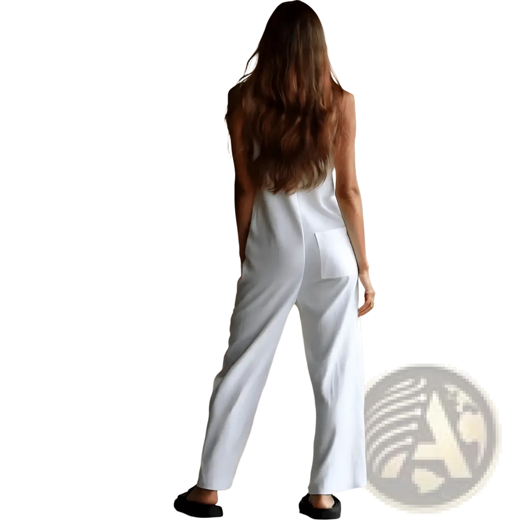 White sleeveless wide-leg jumpsuit in a sleek minimalist design with subtle side pockets, ideal for elegant occasions