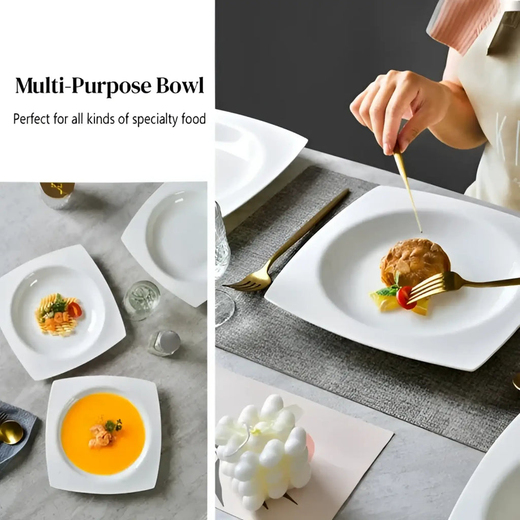 White square ceramic salad plate set of 6 featuring multi-purpose bowls with rounded corners for serving specialty foods