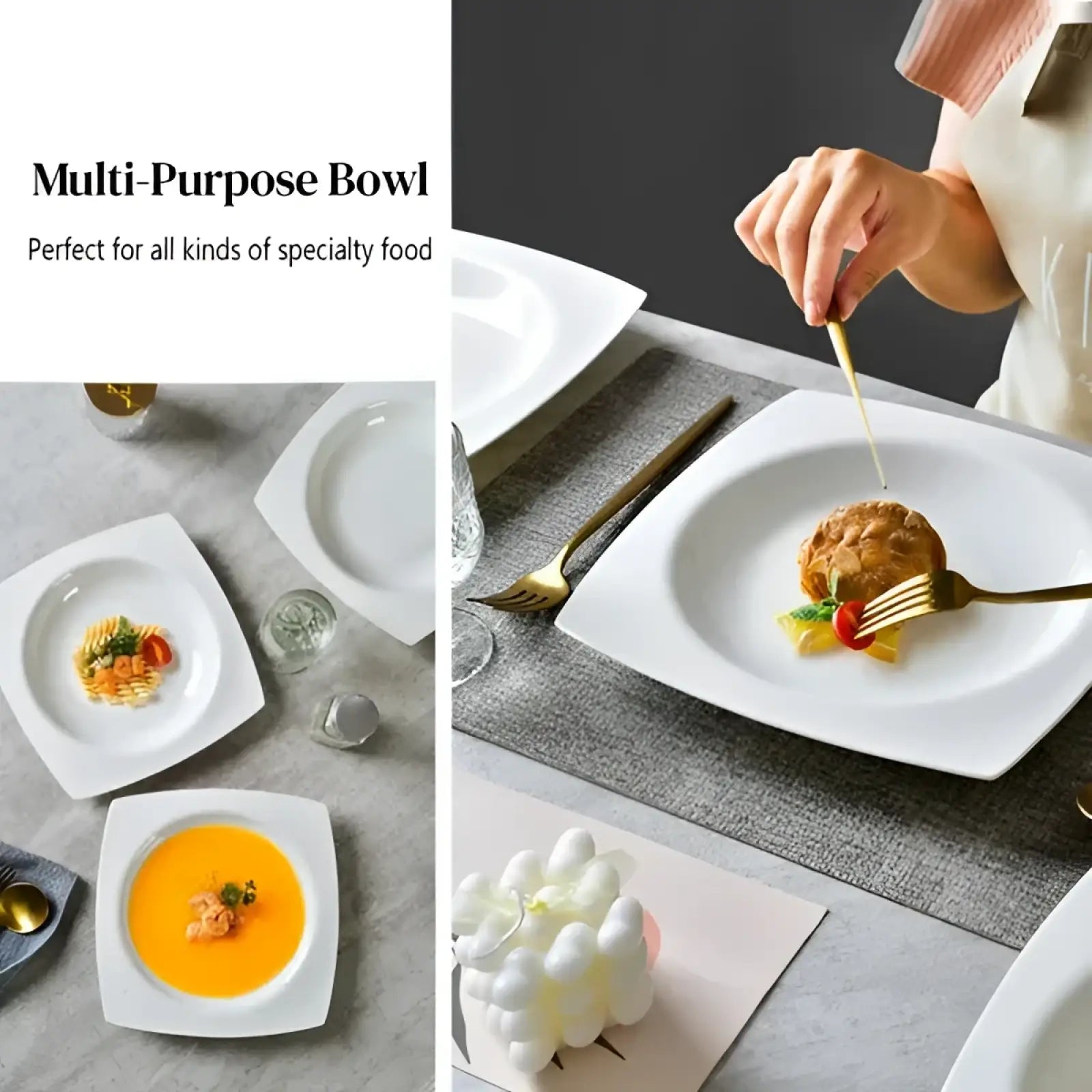 White square ceramic salad plate set of 6 featuring multi-purpose bowls with rounded corners for serving specialty foods