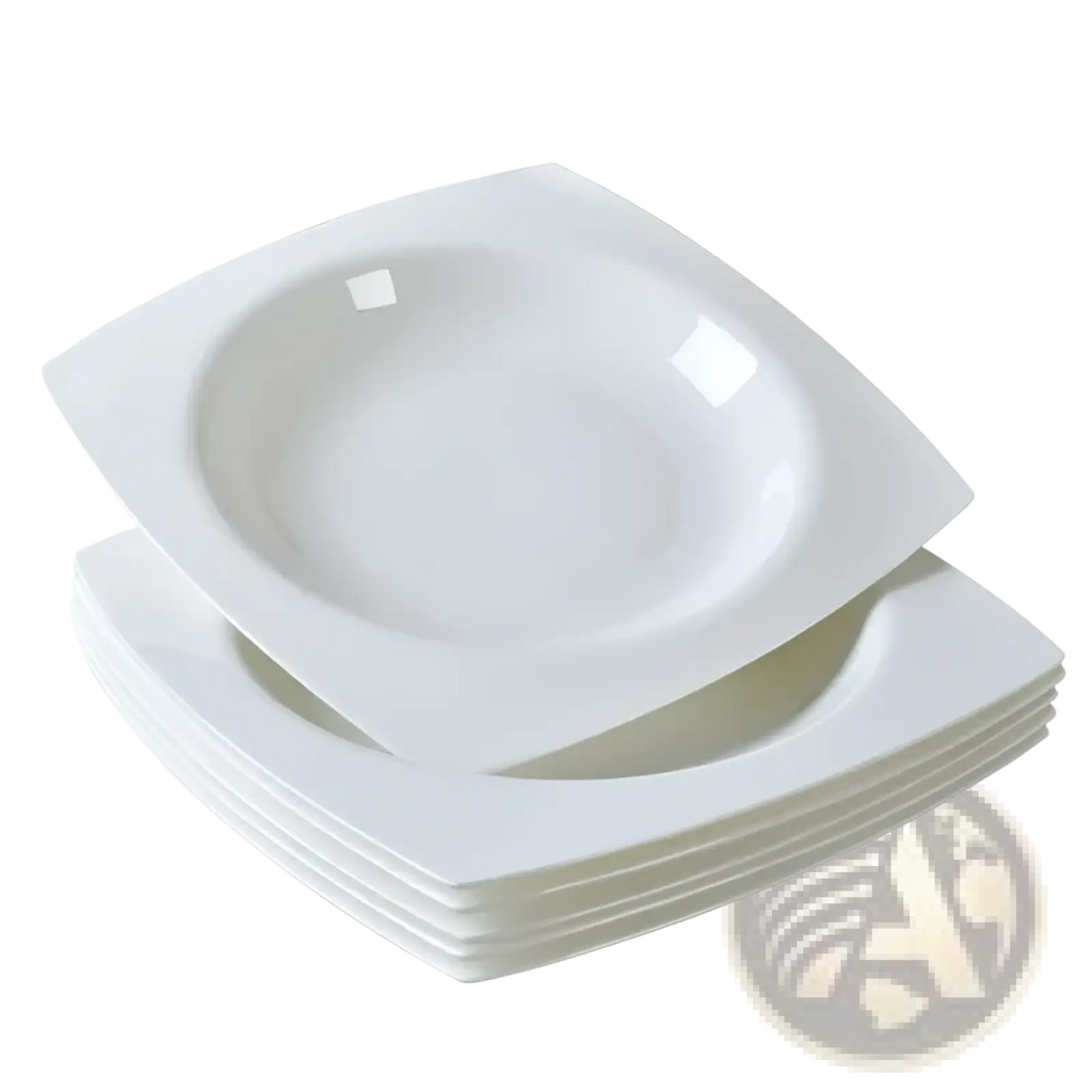 Stack of white square ceramic salad plates with softly rounded corners and a glossy finish set of 6