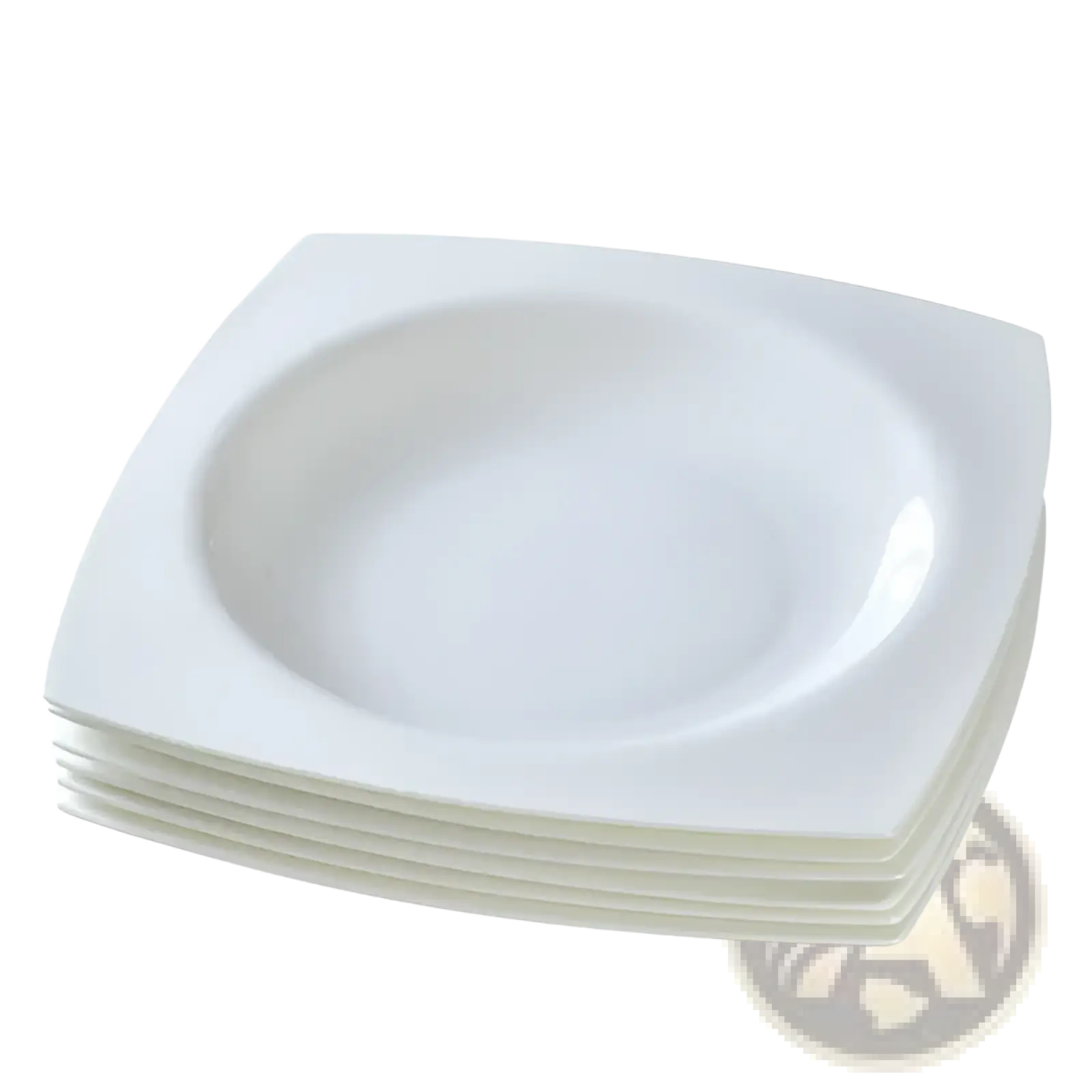 Stack of white square ceramic salad plates set of 6 with rounded corners and shallow slightly raised rim