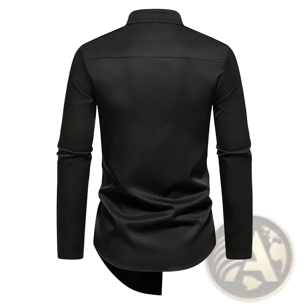 Black long-sleeved men’s shirt with sleek satin finish and modern asymmetrical hem shown from the back side