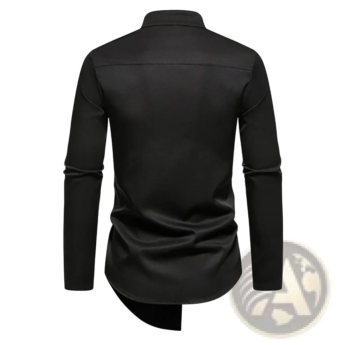 Black long-sleeved men’s shirt with sleek satin finish and modern asymmetrical hem shown from the back side