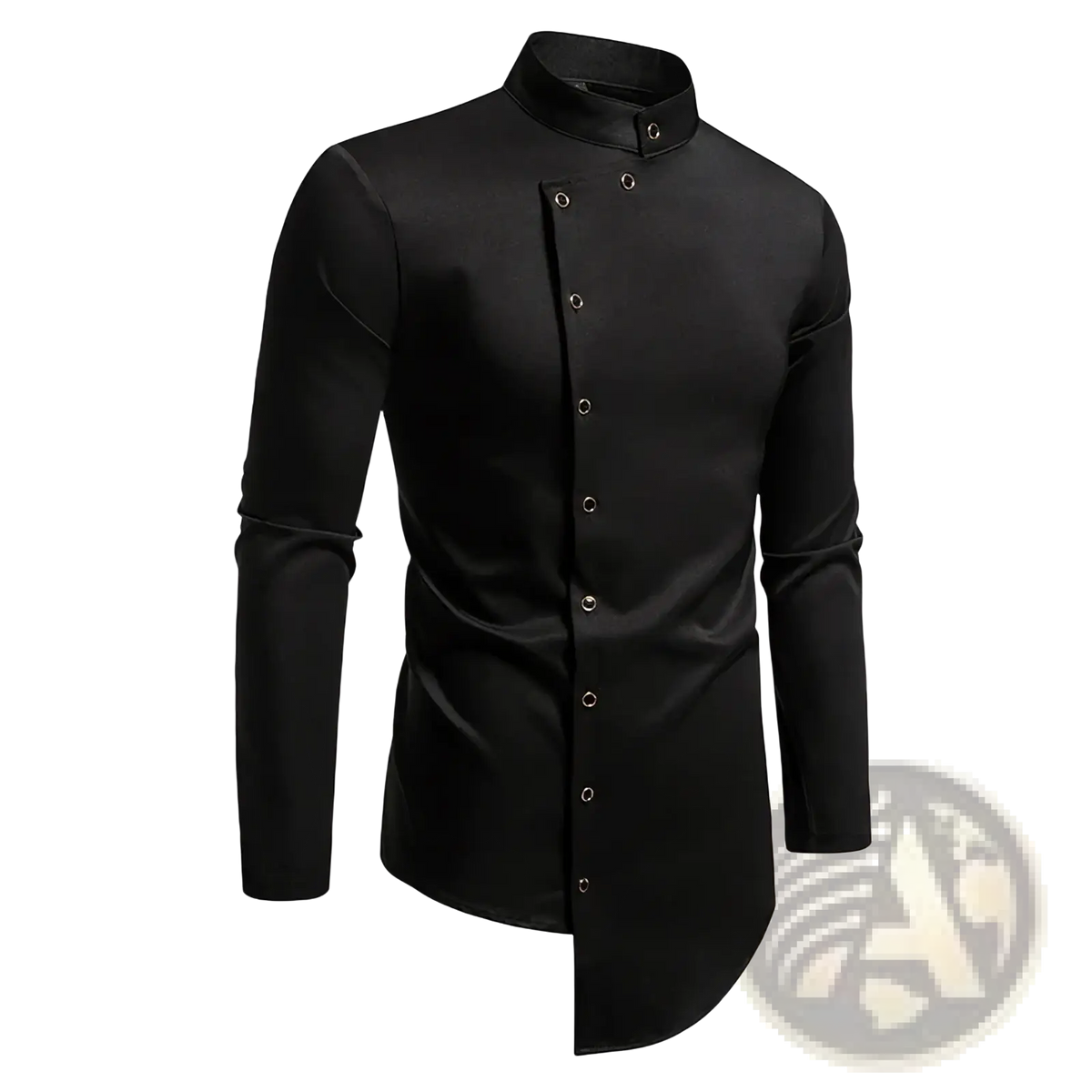 Black formal dress shirt with stand-up collar and silver buttons ideal for elegant occasions