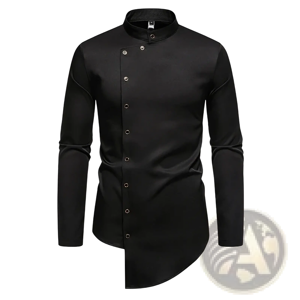 Black men’s long-sleeved dress shirt with white stand-up collar and silver buttons for formal wear