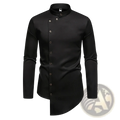 Black men’s long-sleeved dress shirt with white stand-up collar and silver buttons for formal wear