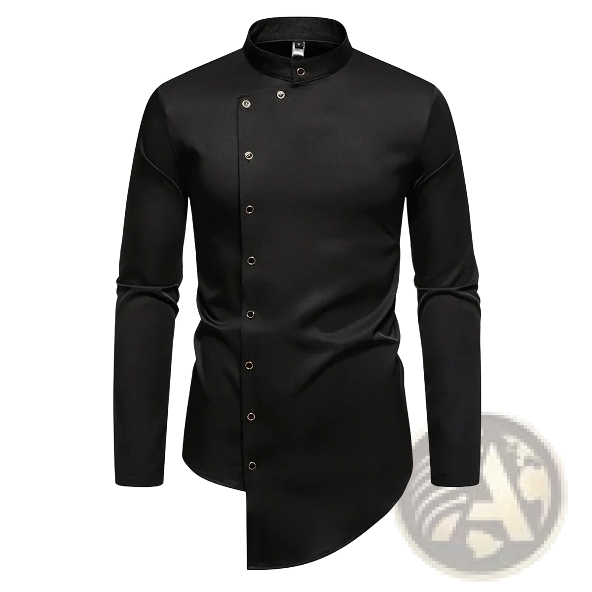 Black men’s long-sleeved dress shirt with white stand-up collar and silver buttons for formal wear