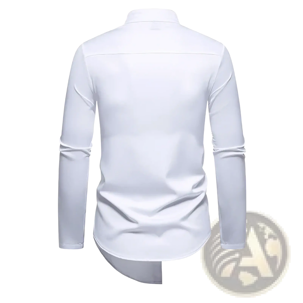 White stand collar dress shirt for men featuring long sleeves and a slightly curved hem in a classic style