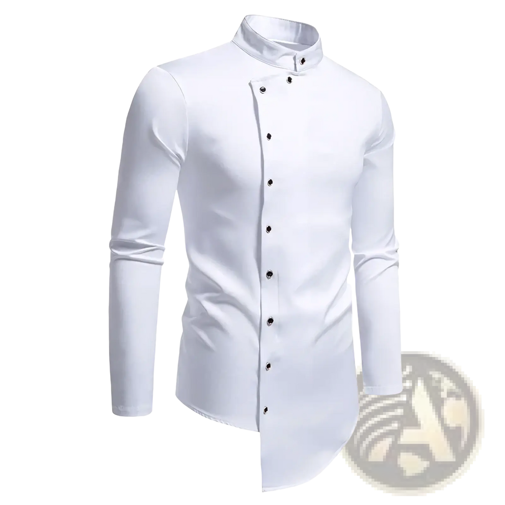 White stand collar dress shirt with sleek white fabric, long sleeves, and black buttons for formal wear