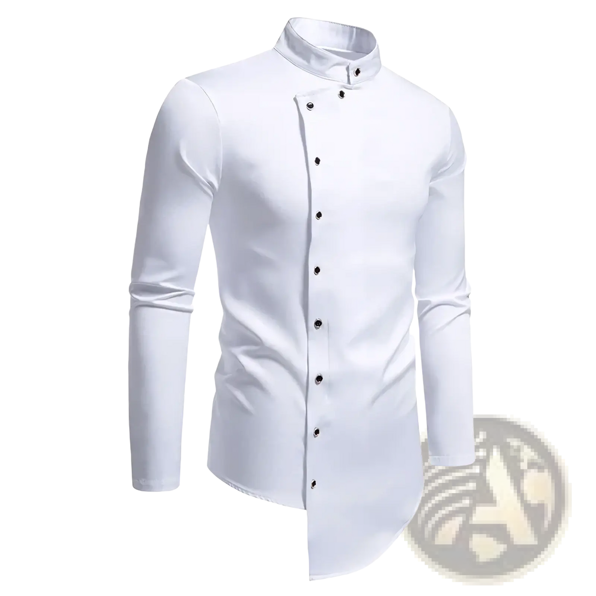 White stand collar dress shirt with sleek white fabric, long sleeves, and black buttons for formal wear