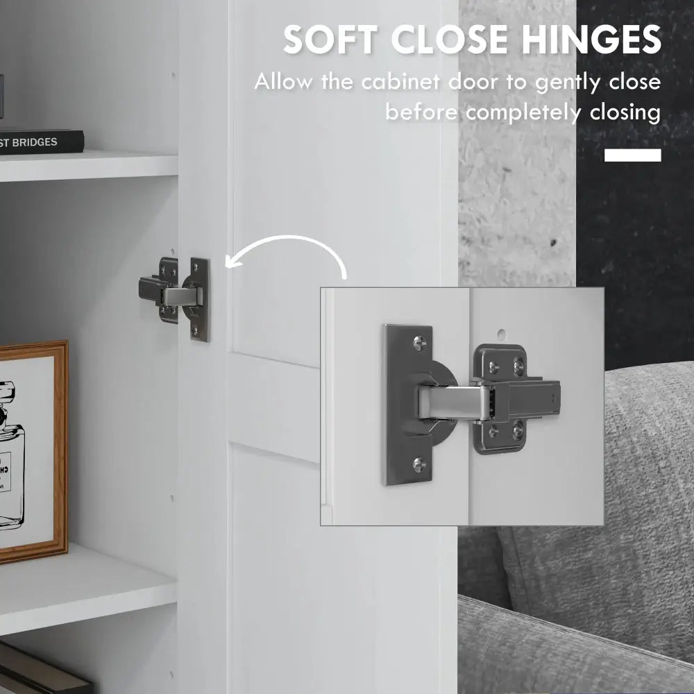 Silver-toned soft-close cabinet hinges on the back of a modern tall white kitchen pantry cabinet with adjustable shelves