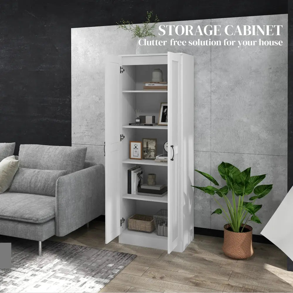 Modern tall white kitchen pantry cabinet with adjustable shelves white storage cabinet with black handles and two doors