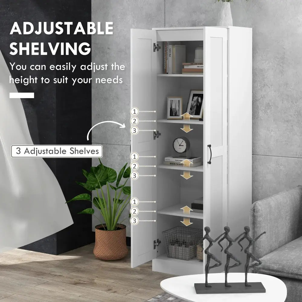 Modern tall white kitchen pantry cabinet with adjustable shelves and glass-paneled doors for organized storage