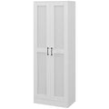 Modern tall white two-door kitchen pantry cabinet with black handles and adjustable shelves for organized storage