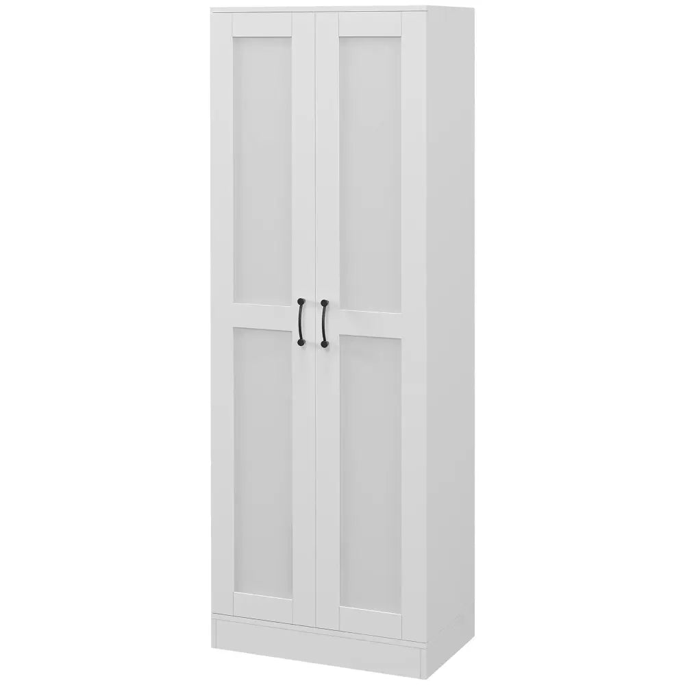 Modern tall white two-door kitchen pantry cabinet with black handles and adjustable shelves for organized storage