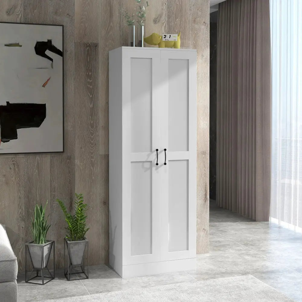 White two-door kitchen pantry cabinet with black handles and adjustable shelves for modern storage solutions