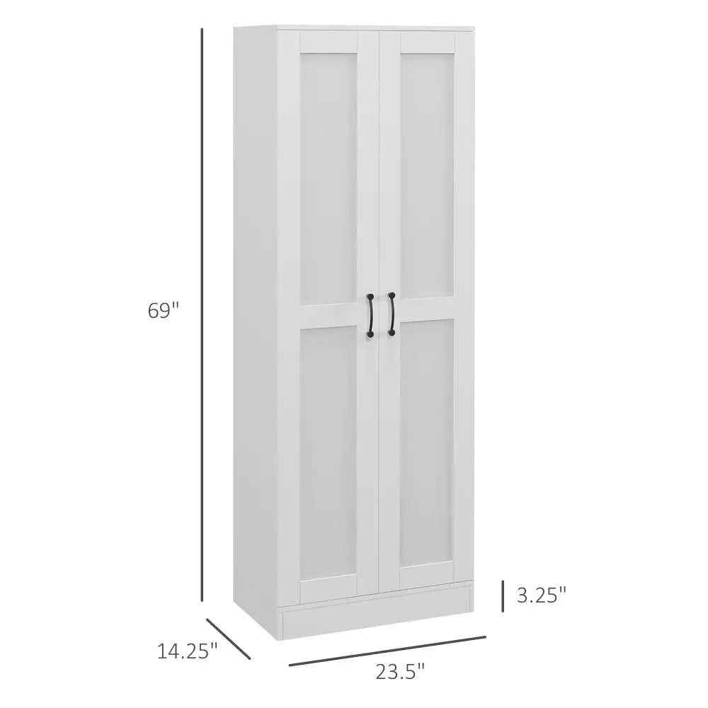 Modern tall white kitchen pantry cabinet with two doors black handles and adjustable shelves for storage