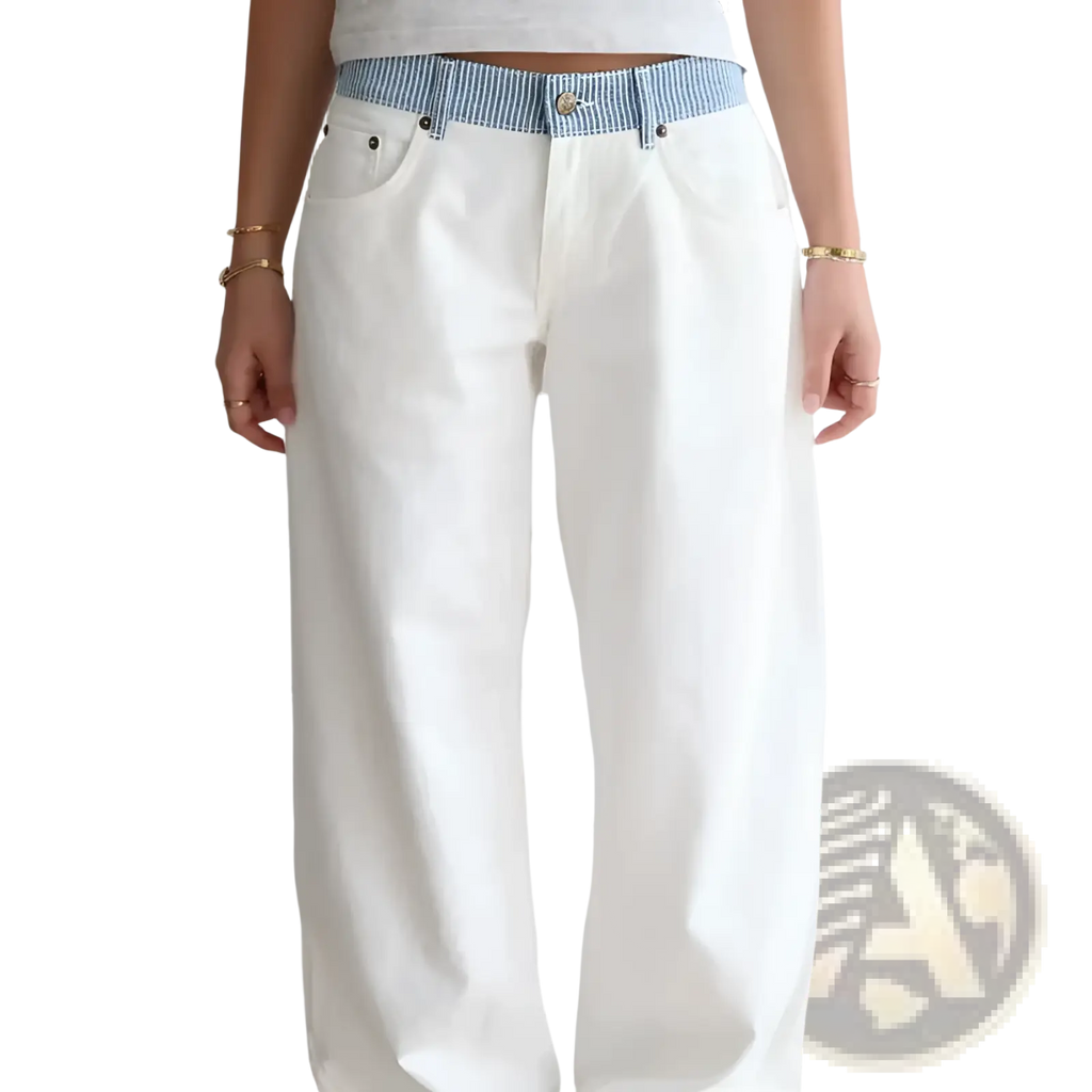 White wide-leg denim pants featuring a contrasting blue and white striped waistband visible from the front view