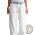 White wide-leg denim pants featuring a contrasting blue and white striped waistband visible from the front view